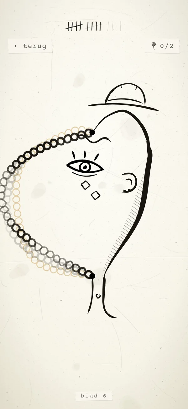 Een blad in de app: een getekend hoofd met hoed, oog en oor, met een kralenketting eromheen gelegd.