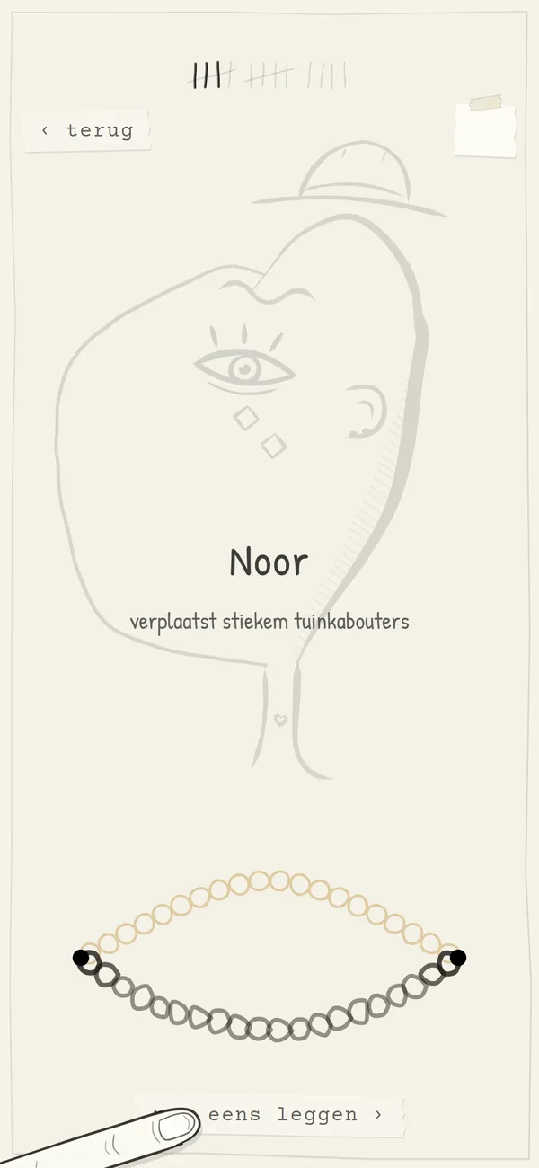 Er verschijnt een bewoner: Noor, die stiekem tuinkabouters verplaatst.