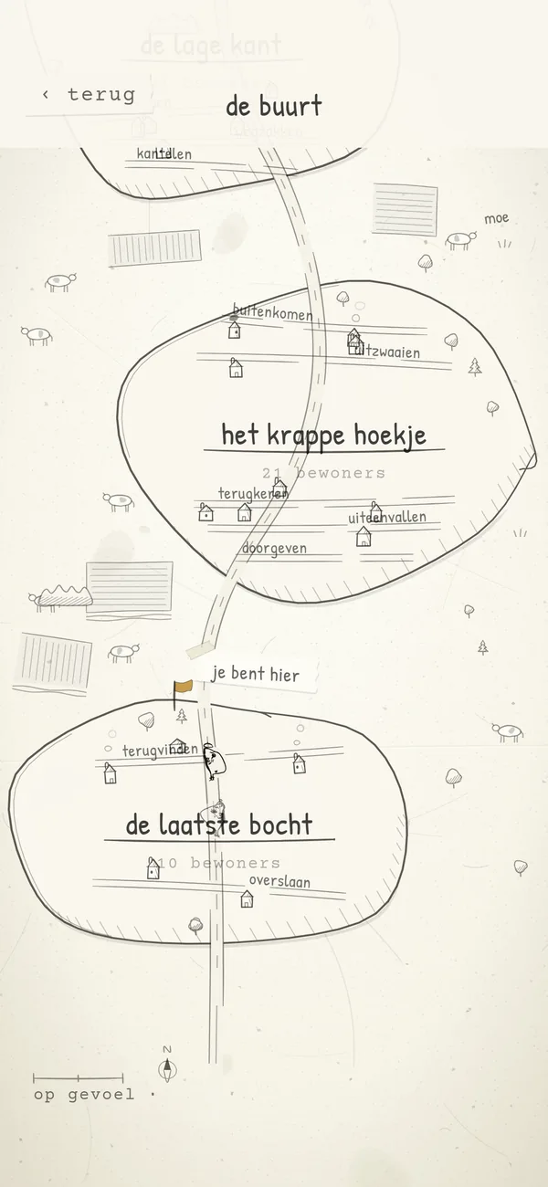 De buurt: een getekende kaart met wijken als het krappe hoekje en de laatste bocht.