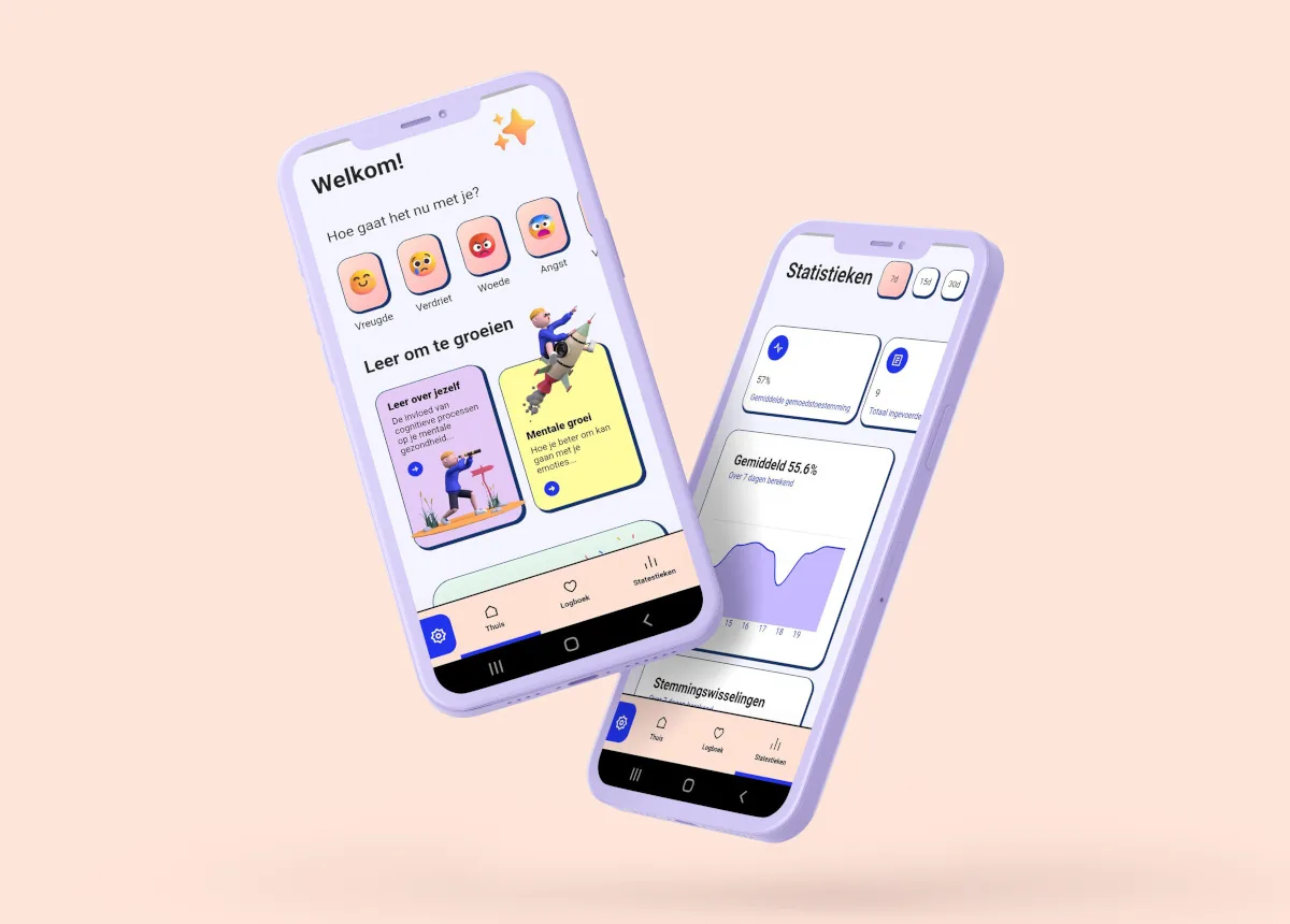Twee telefoons met Moodnu. Links het welkomstscherm met de vraag ‘Hoe gaat het nu met je?’ en knoppen voor vreugde, verdriet, woede en angst. Rechts het scherm Statistieken met een grafiek van je gemiddelde stemming over zeven dagen.