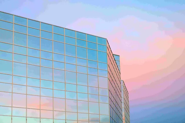 Een glazen kantoorgebouw tegen een roze en blauwe lucht