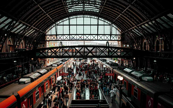 Een druk treinstation onder een ijzeren overkapping, van bovenaf