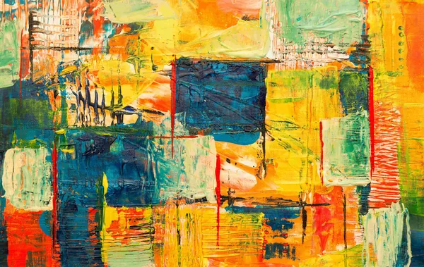 Een abstract schilderij met dikke verf in geel, rood, groen en blauw
